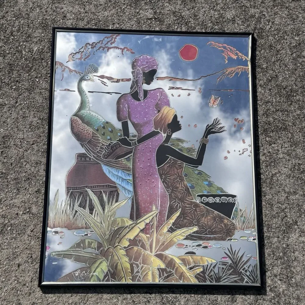 Vintage Coleman African Women Peacock Mirror Art 1970s Afrocentric 22”